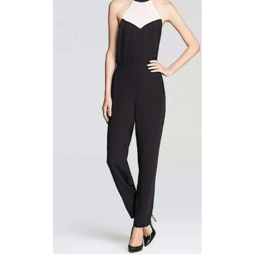 New Guess Tuxedo Halter Jumpsuit Size 2 Black Ivory Crepe - Picture 5 of 7